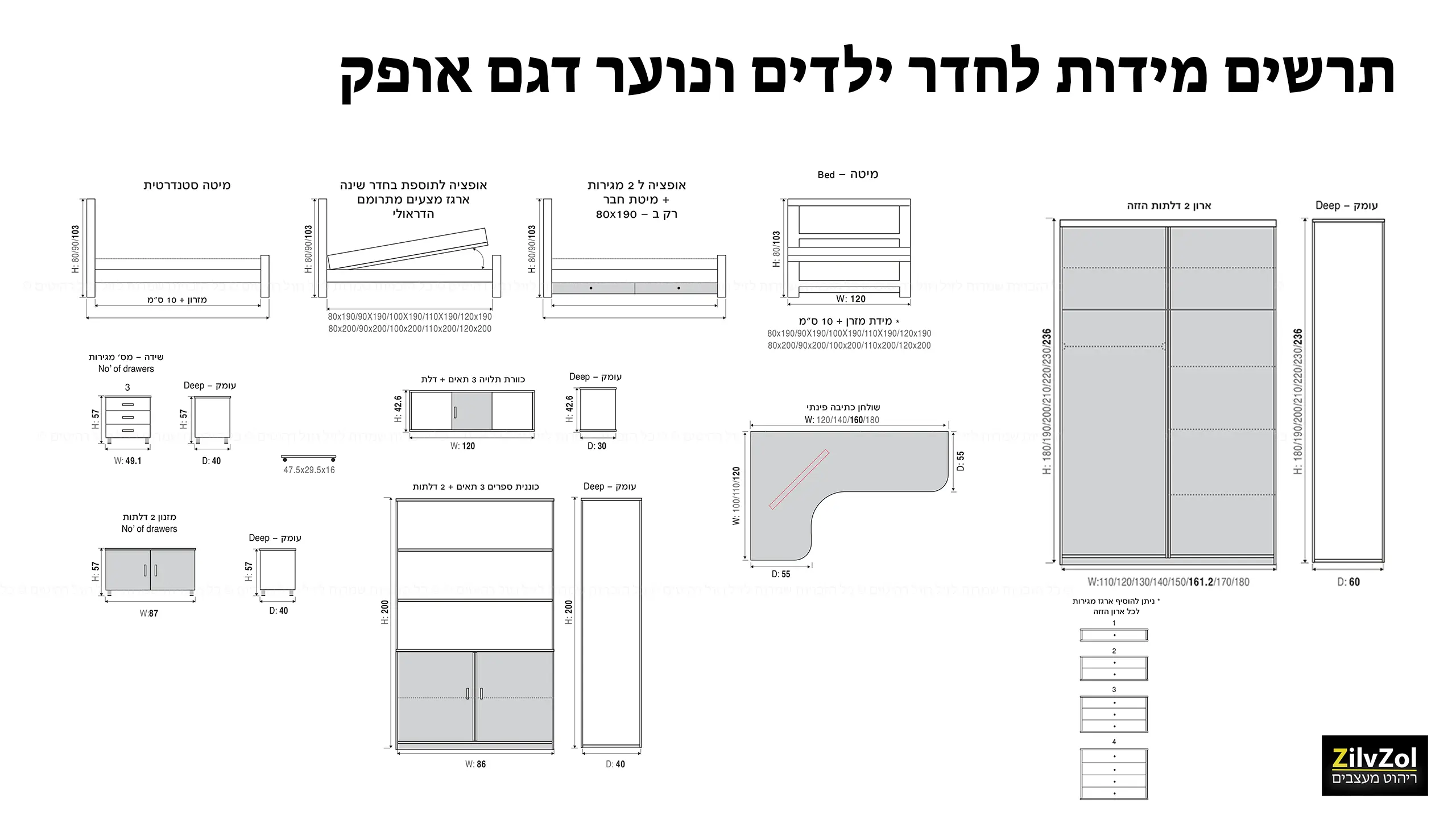 תרשים מידות לחדר ילדים ונוער דגם אופק