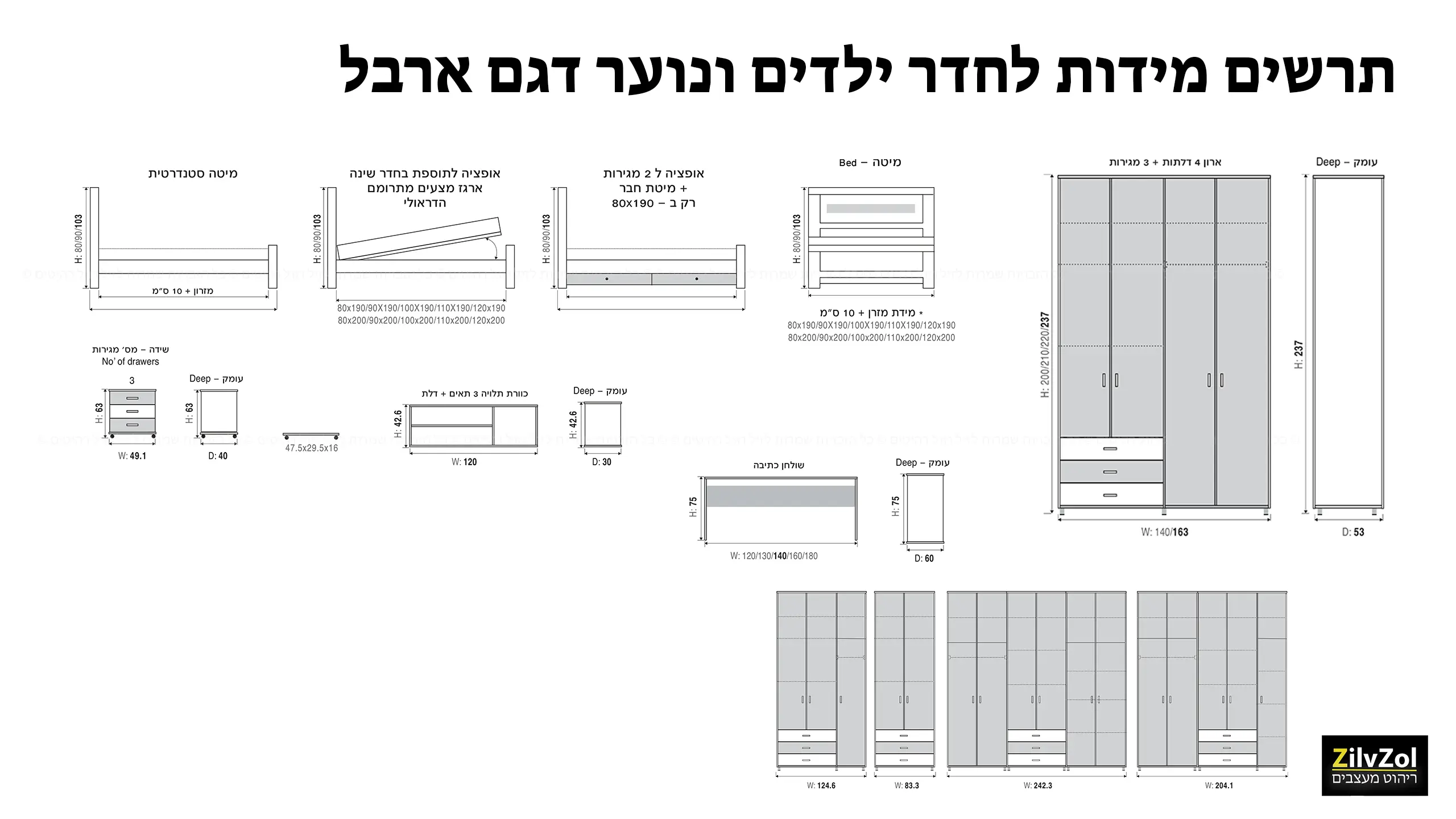תרשים מידות לחדר ילדים ונוער דגם ארבל קומפלט