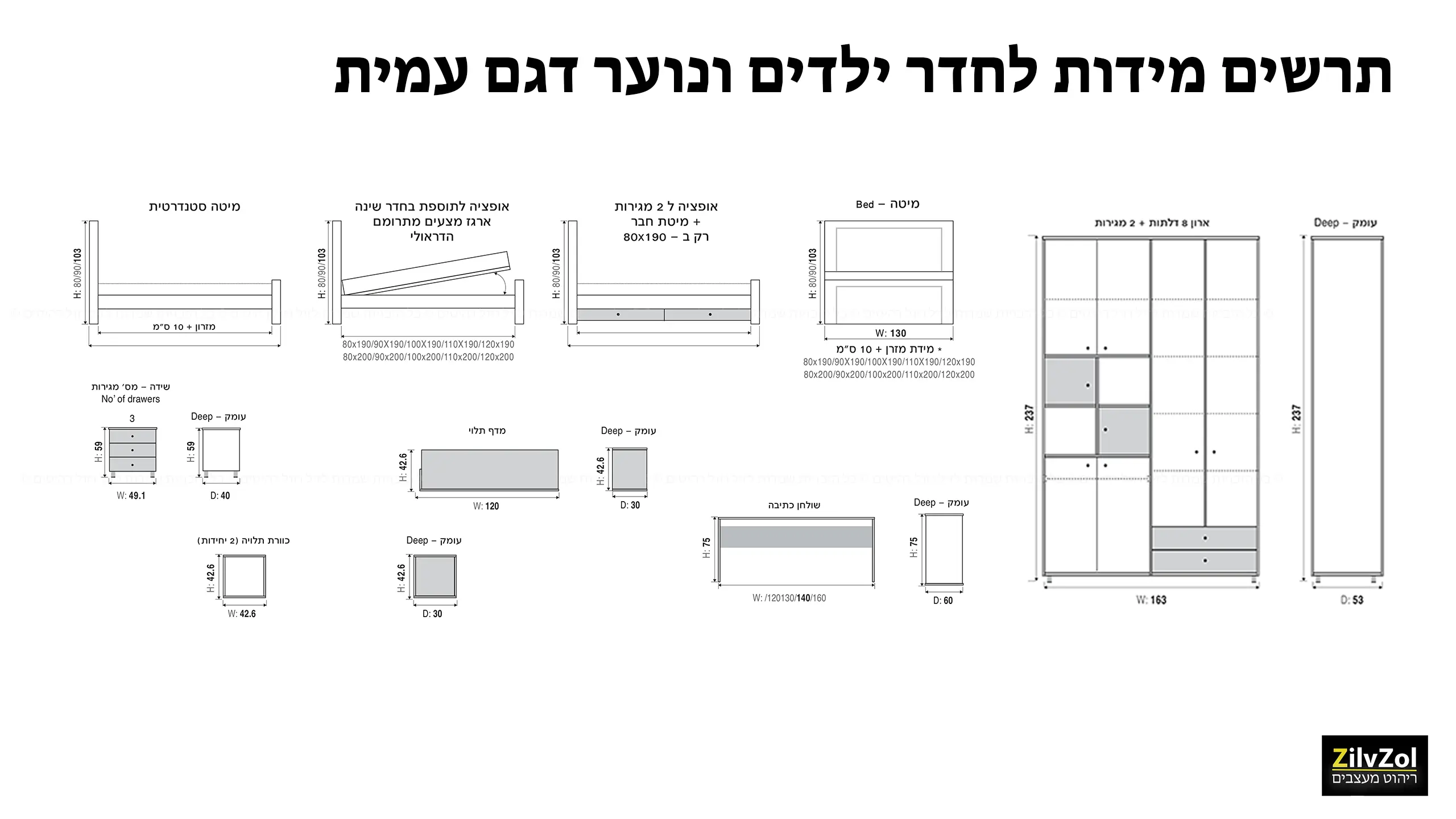 תרשים מידות לחדר ילדים ונוער דגם עמית קומפלט
