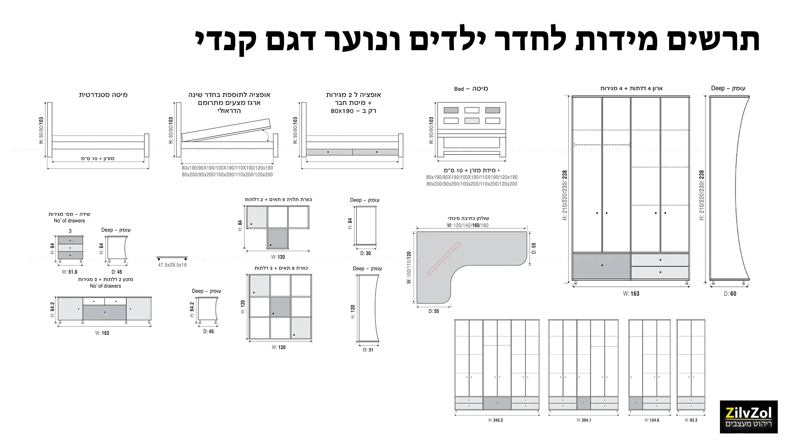 תרשים מידות לחדר ילדים ונוער דגם קנדי קומפלט