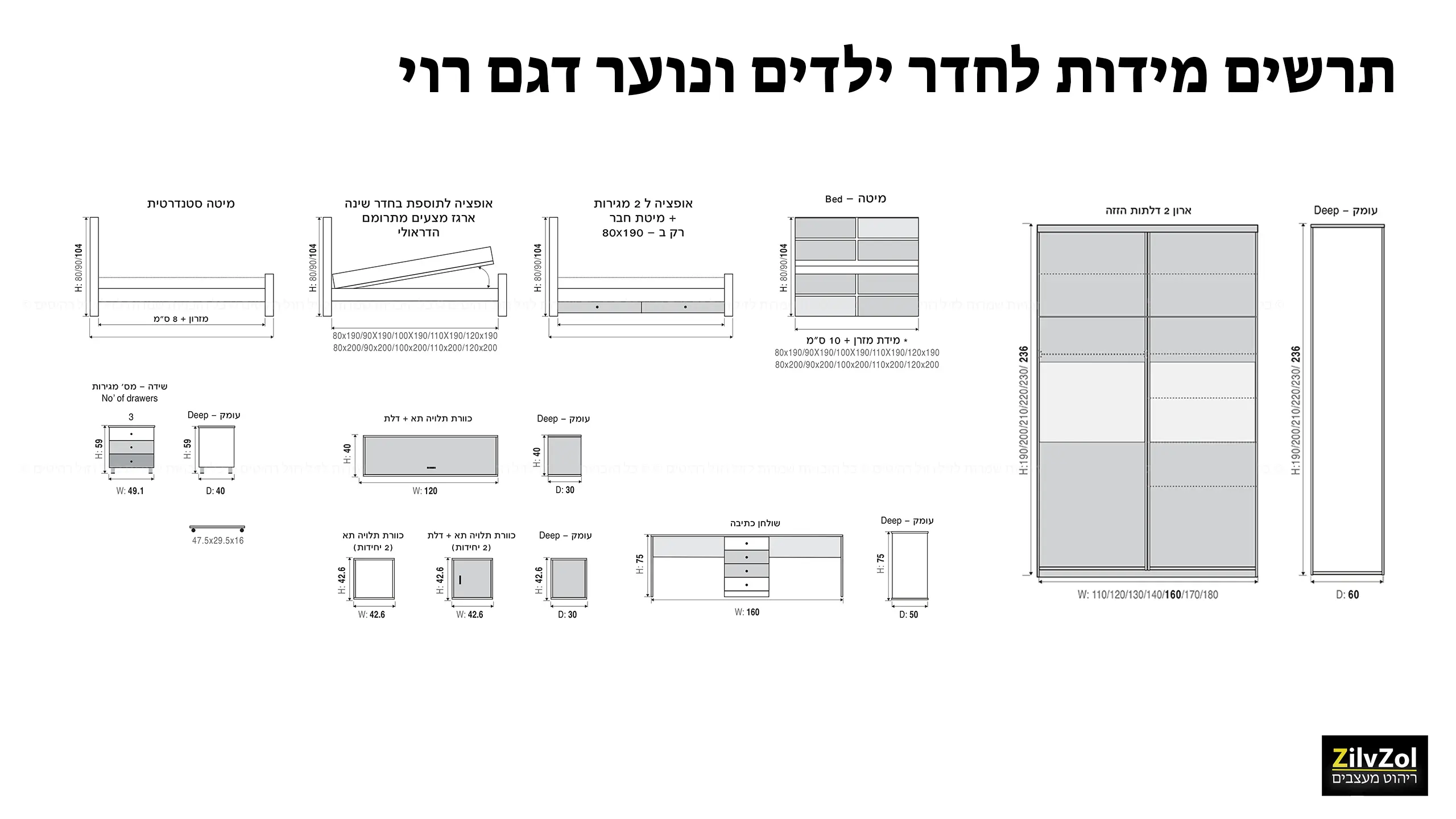 תרשים מידות לחדר ילדים ונוער דגם רוי קומפלט