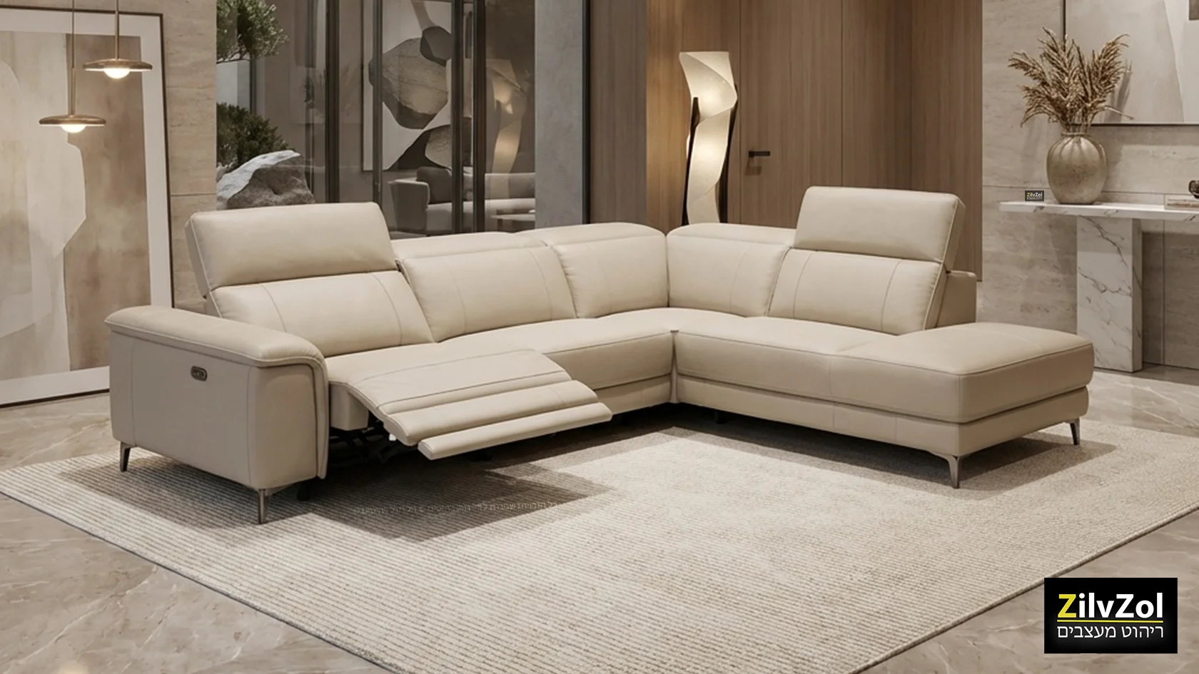 סלון עור פינתי עם ריקליינר חשמלי דגם לוצ'יאנו, צבע עור מוקה סהרה