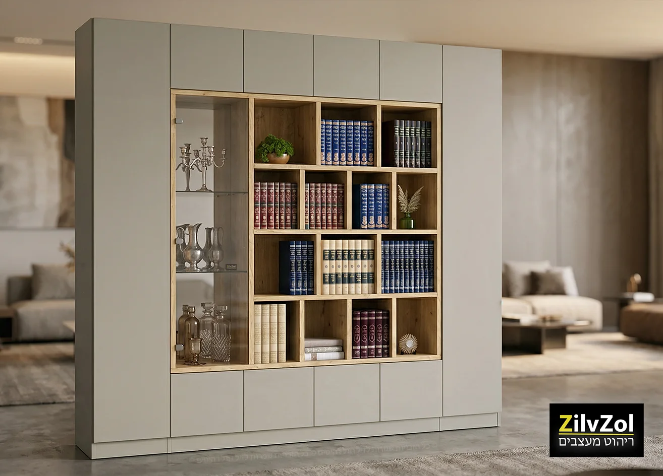 ספריית קודש 6 דלתות סנדוויץ' דגם דלוקס, רוחב 240 ס"מ, צבע מוקה בשילוב צבע אלון מבוקע בכוורות, בשילוב ויטרינה עם 1 דלת זכוכית בצד, בחנות זיל וזול רהיטים