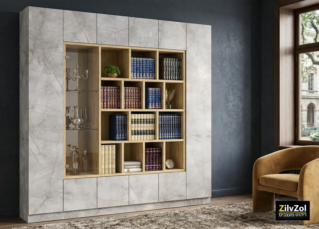 ספריית קודש 6 דלתות סנדוויץ' דגם דלוקס שיש ברונזה ספריית קודש 6 דלתות סנדוויץ' דגם דלוקס, רוחב 240 ס"מ, צבע שיש אפרפר ברונזה בשילוב צבע אלון בכוורות, בשילוב ויטרינת 1 דלת זכוכית בצד, בחנות זיל וזול רהיטים