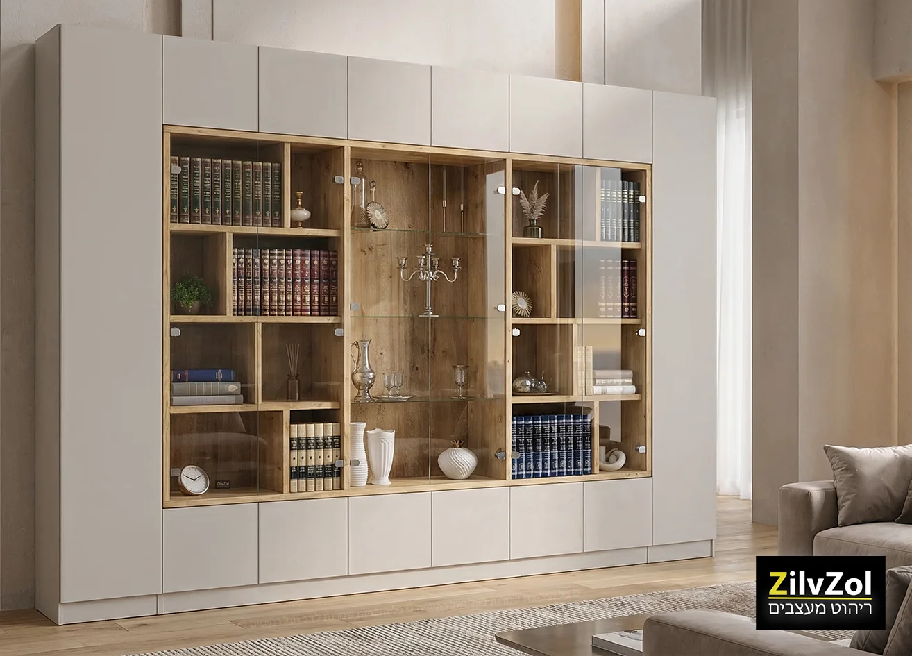 ספריית קודש 8 דלתות סנדוויץ' דגם אימפריאל, רוחב 320 ס"מ, צבע מוקה עדין בשילוב אלון מבוקע, בשילוב ויטרינות זכוכית באמצע, בחנות זיל וזול רהיטים