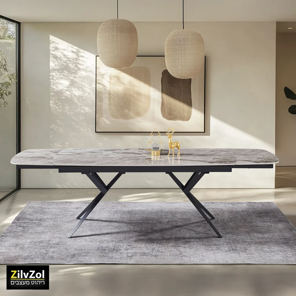 שולחן פינת אוכל קרמיקה דגם פריזמה אפרפר מבריק במצב פתוח