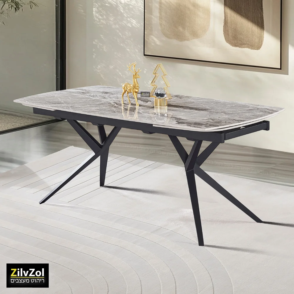 שולחן פינת אוכל קרמיקה דגם פריזמה אפרפר מבריק, עם רגל מתכת שחורה