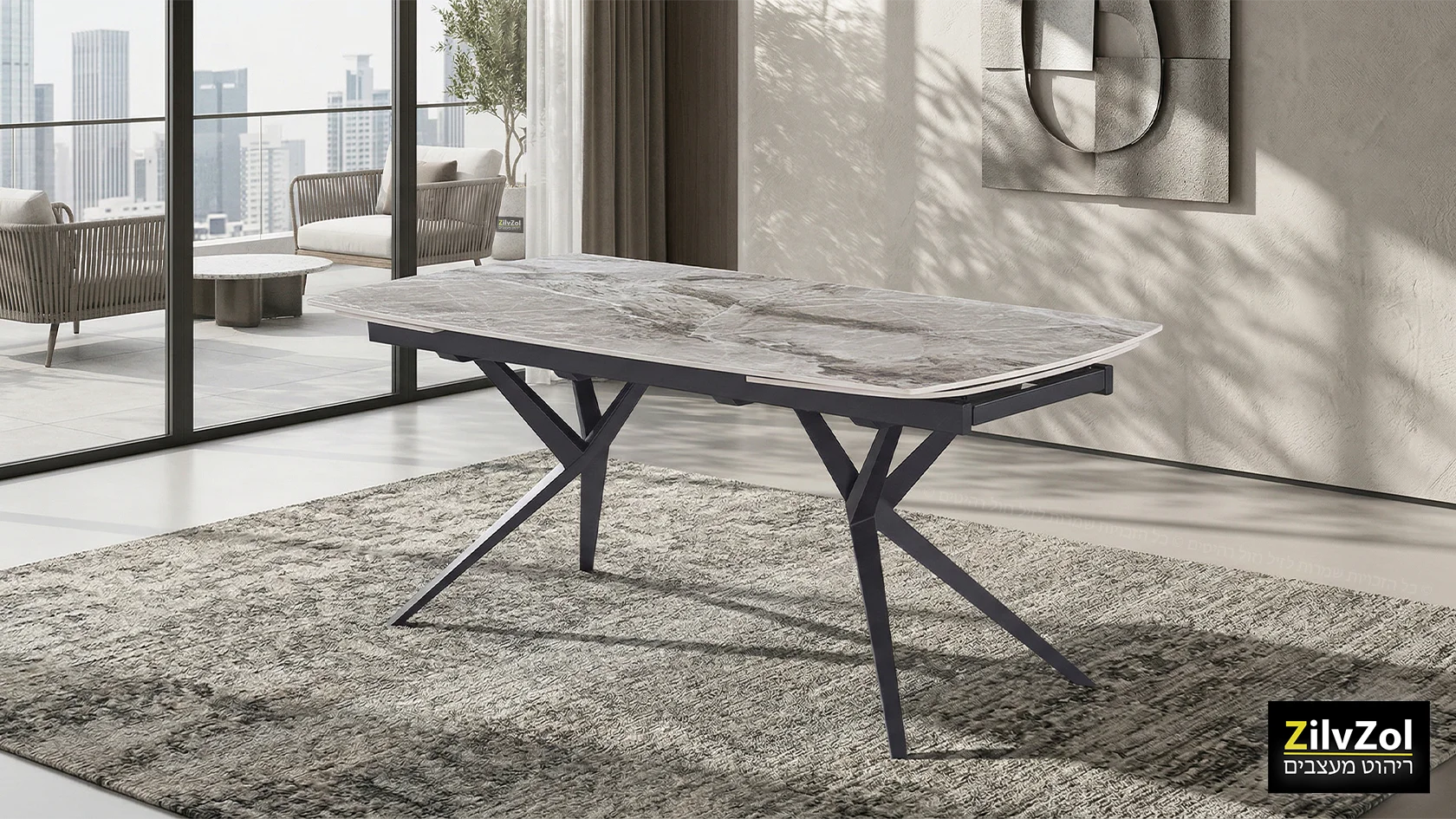 שולחן פינת אוכל קרמיקה דגם פריזמה אפרפר מבריק, עם רגל מתכת שחורה