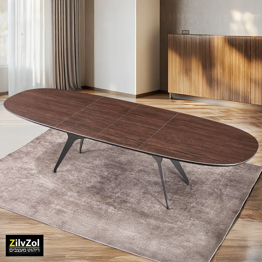 שולחן פינת אוכל אובלי קרמיקה דגם פיניקס אגוז במצב פתוח בזווית