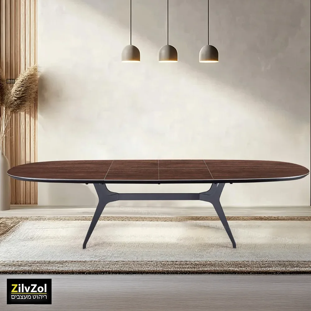 שולחן פינת אוכל אובלי קרמיקה דגם פיניקס אגוז במצב פתוח