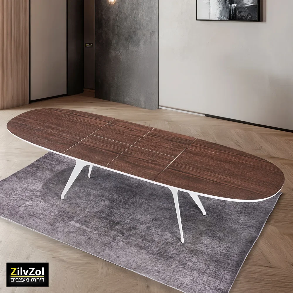 שולחן פינת אוכל אובלי קרמיקה דגם פיניקס אגוז לבן במצב פתוח בזווית