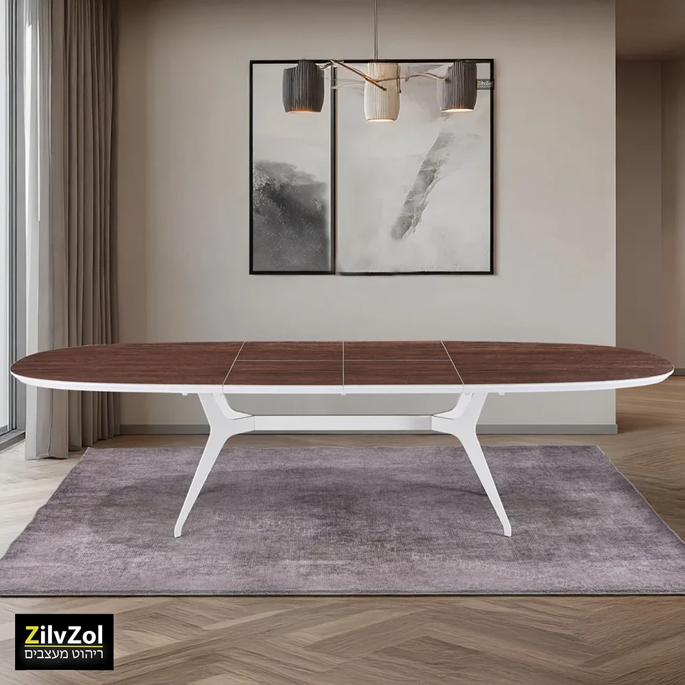 שולחן פינת אוכל אובלי קרמיקה דגם פיניקס אגוז לבן במצב פתוח