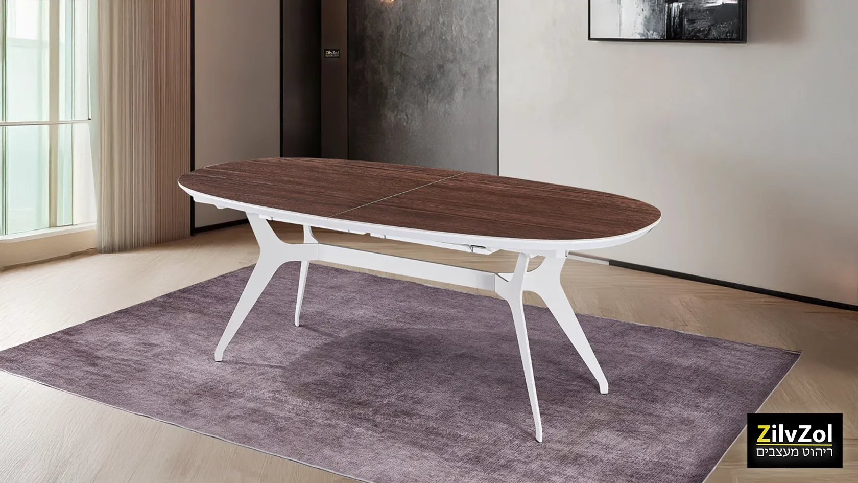 שולחן פינת אוכל אובלי קרמיקה דגם פיניקס אגוז לבן, עם רגל מתכת לבנה