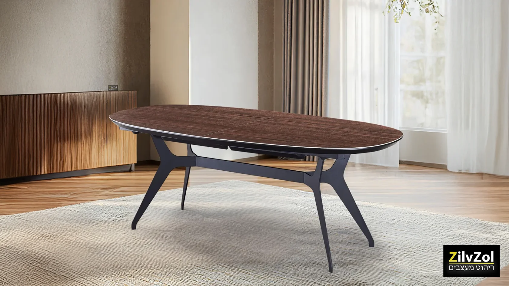 שולחן פינת אוכל אובלי קרמיקה דגם פיניקס אגוז שולחן פינת אוכל אובלי קרמיקה דגם פיניקס אגוז, עם רגל מתכת שחורה