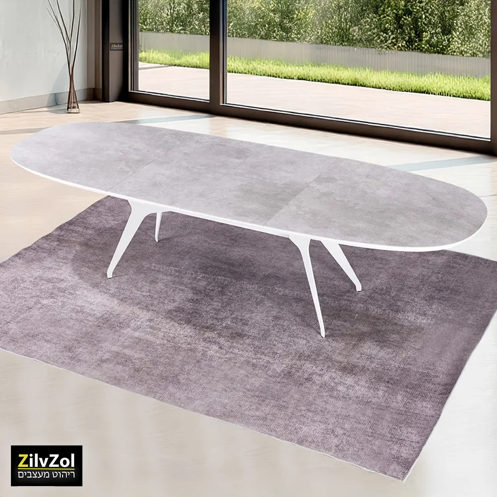 שולחן פינת אוכל אובלי קרמיקה דגם פיניקס אפור לבן במצב פתוח בזווית