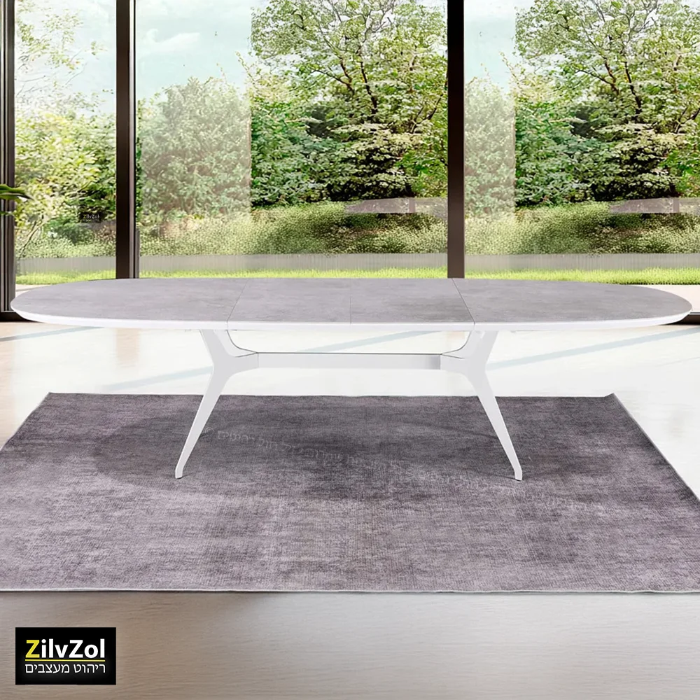 שולחן פינת אוכל אובלי קרמיקה דגם פיניקס אפור לבן במצב פתוח