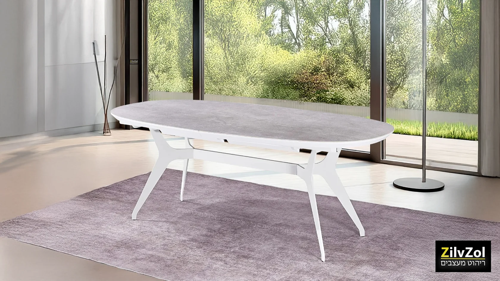 שולחן פינת אוכל אובלי קרמיקה דגם פיניקס אפור לבן, עם רגל מתכת לבנה