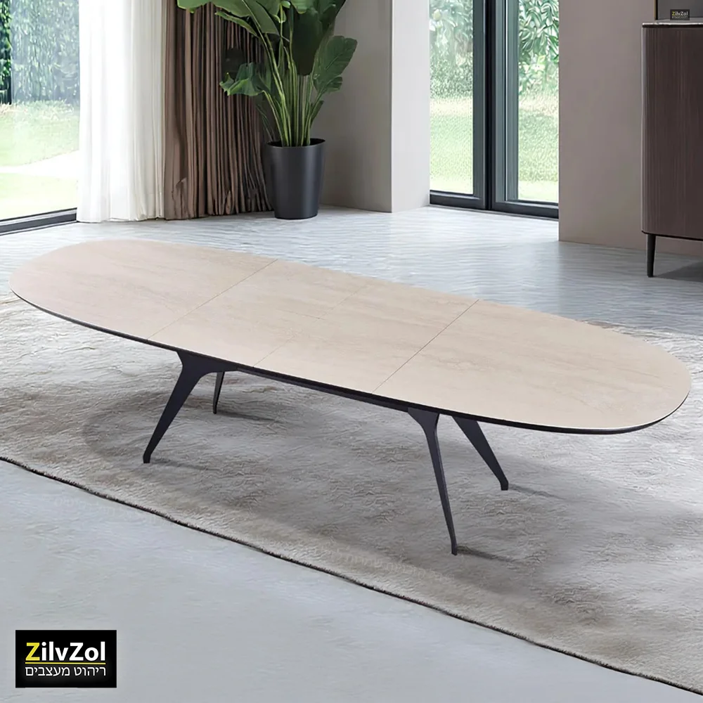 שולחן פינת אוכל אובלי קרמיקה דגם פיניקס טרוונטין במצב פתוח בזווית