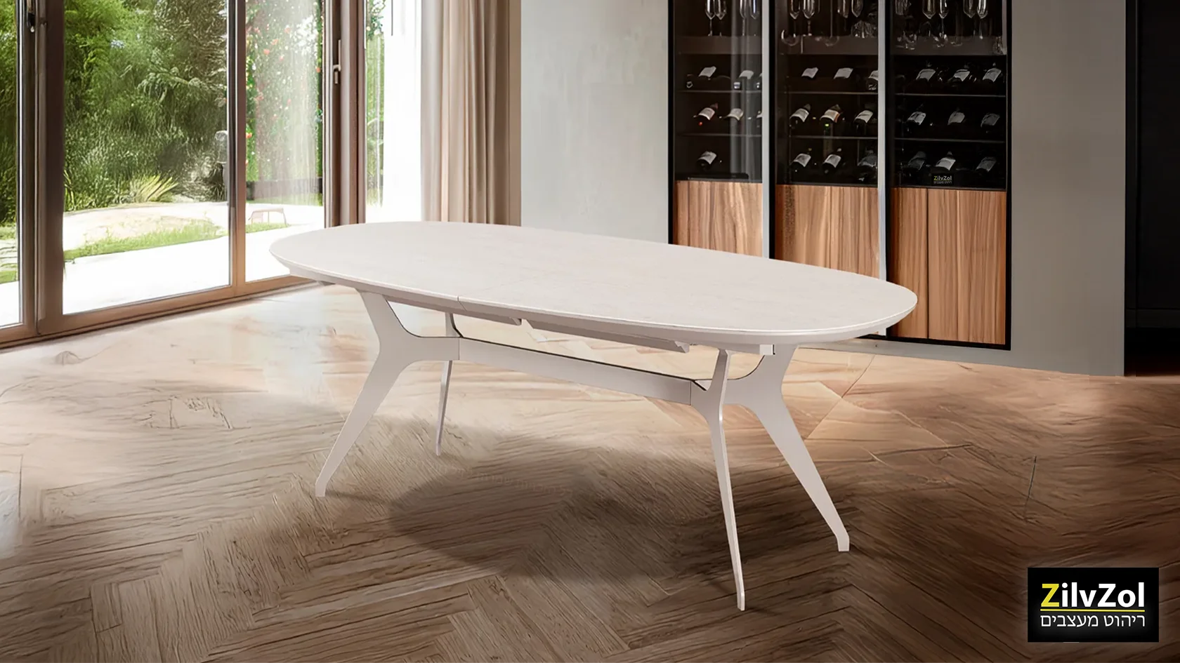 שולחן פינת אוכל אובלי קרמיקה דגם פיניקס טרוונטין מוקה, עם רגל מתכת מוקה