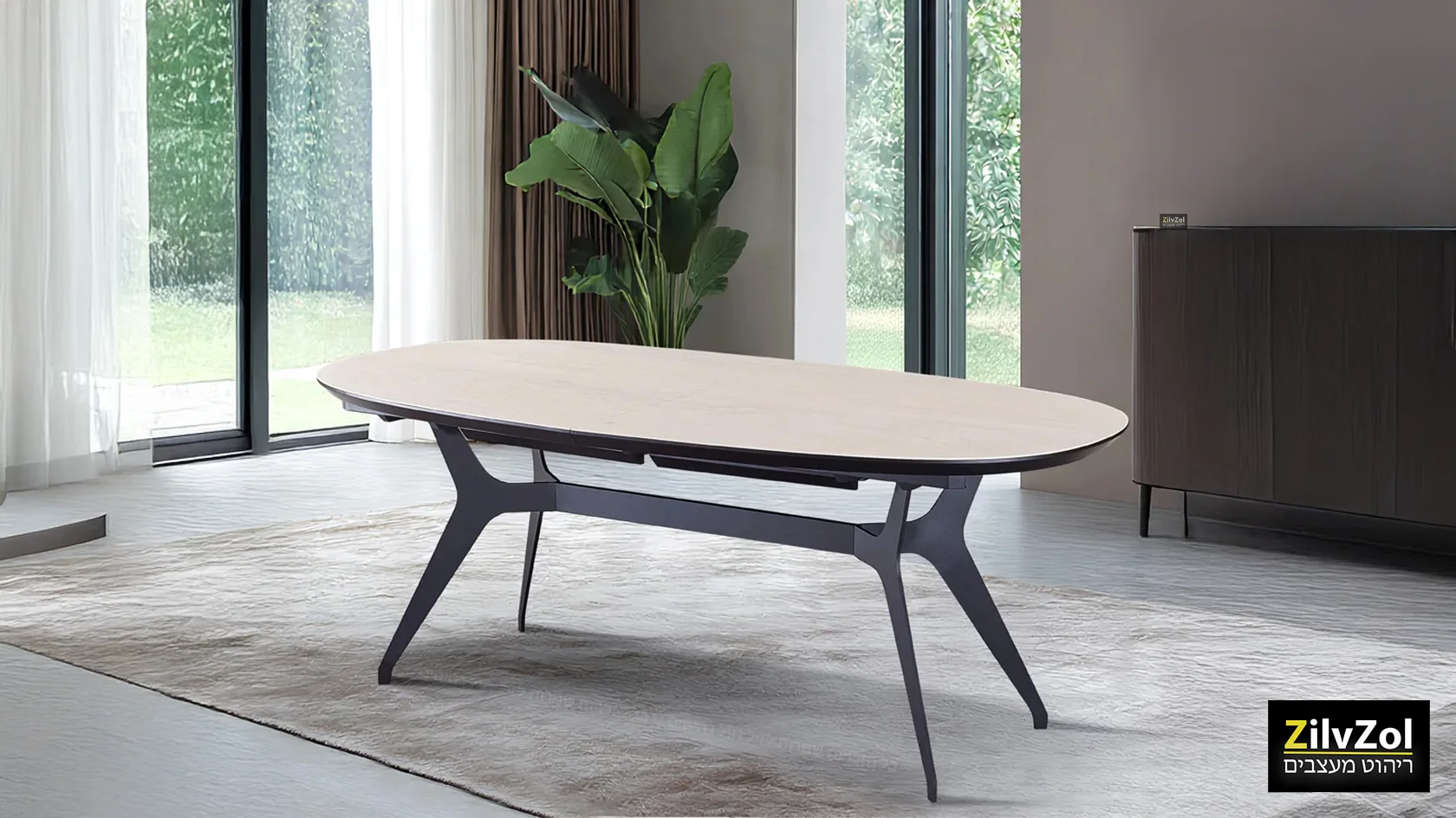 שולחן פינת אוכל אובלי קרמיקה דגם פיניקס טרוונטין, עם רגל מתכת שחורה