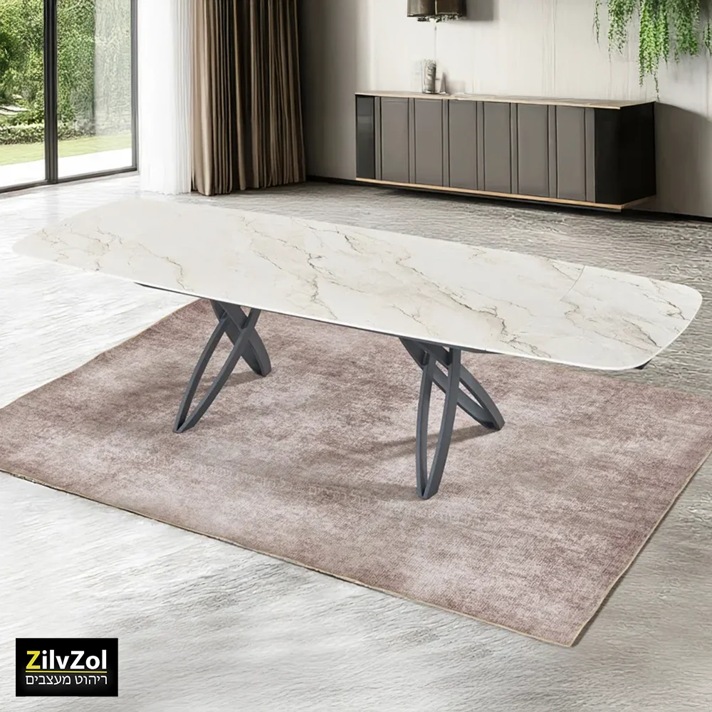 שולחן פינת אוכל קרמיקה דגם אקסנט שמנת משויש במצב פתוח בזווית