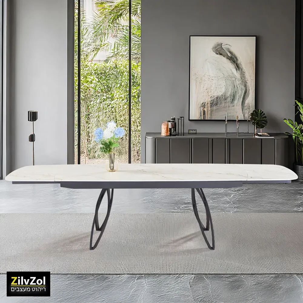 שולחן פינת אוכל קרמיקה דגם אקסנט שמנת משויש במצב פתוח