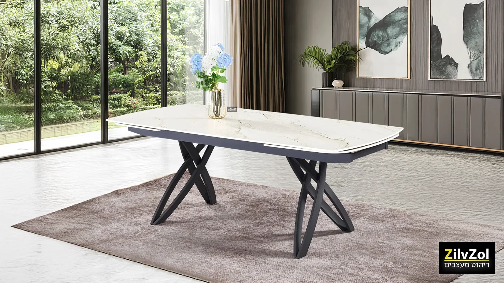 שולחן פינת אוכל קרמיקה דגם אקסנט שמנת משויש, עם רגל מתכת שחורה