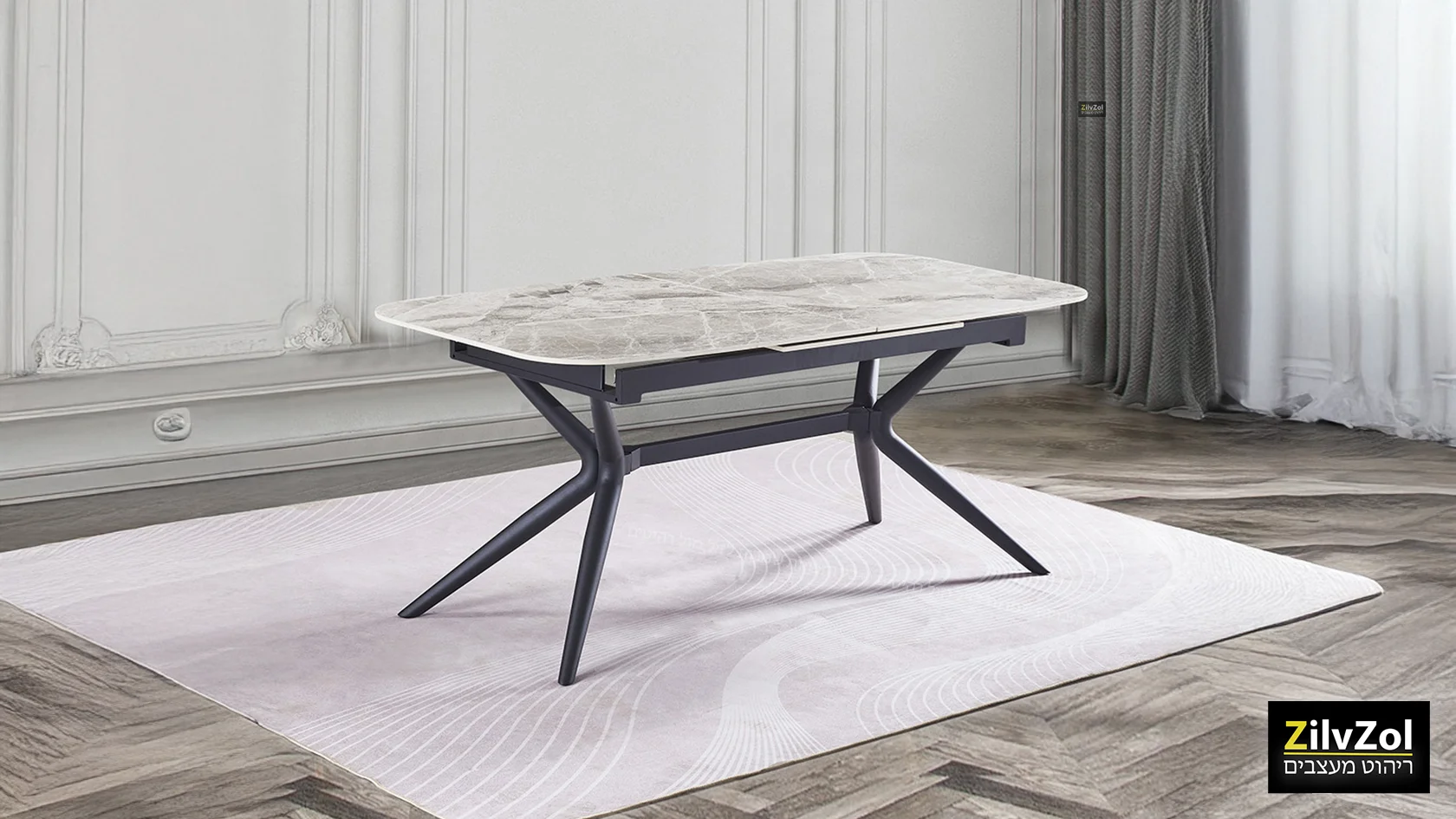 שולחן פינת אוכל קרמיקה דגם ונציה אפרפר מבריק, עם רגל מתכת שחורה