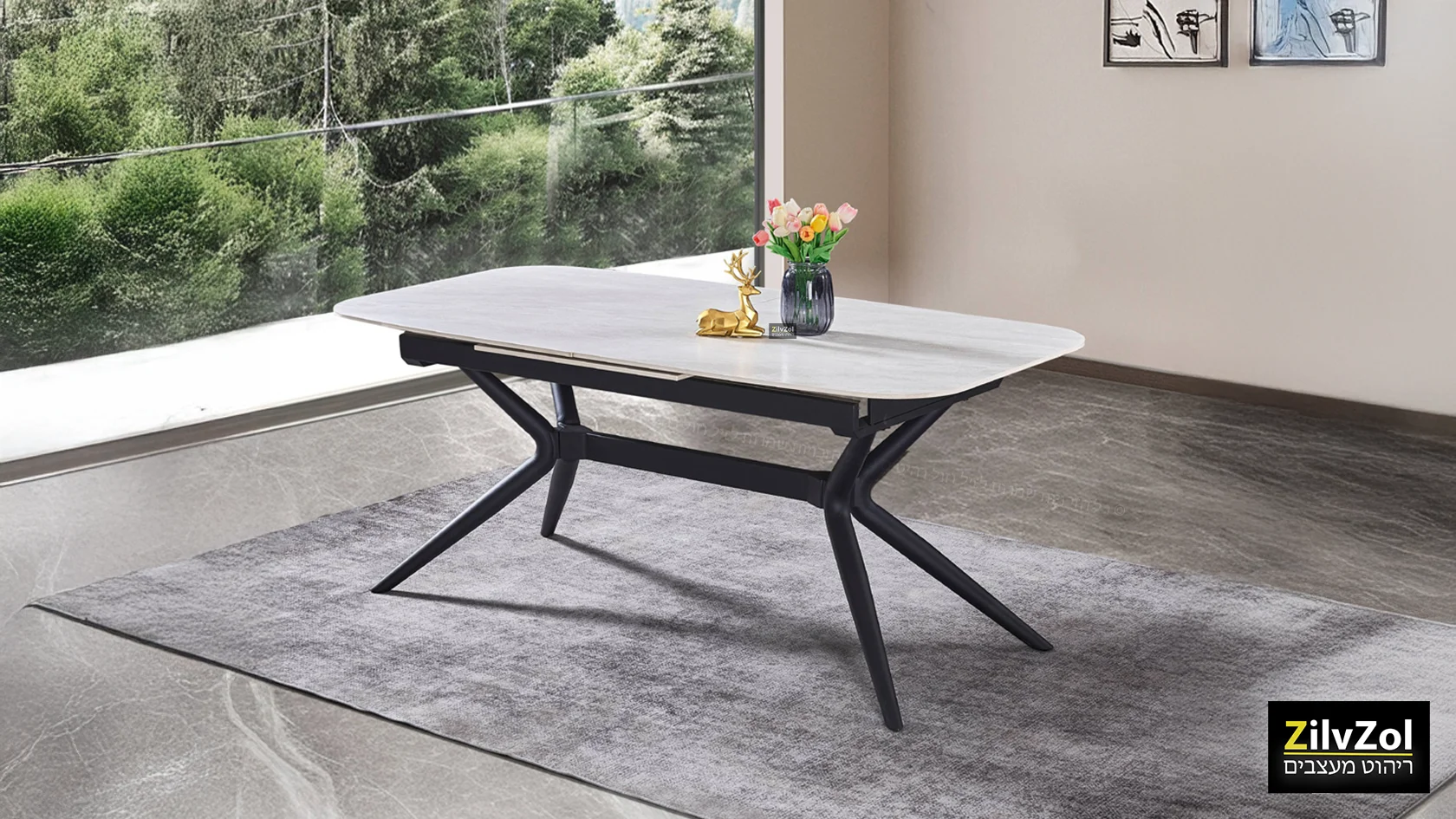 שולחן פינת אוכל קרמיקה דגם ונציה סהרה, עם רגל מתכת שחורה