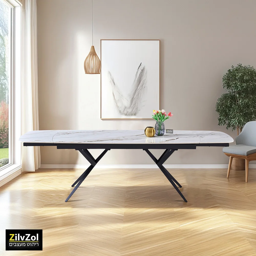 שולחן פינת אוכל קרמיקה דגם פריזמה לבן מבריק במצב פתוח