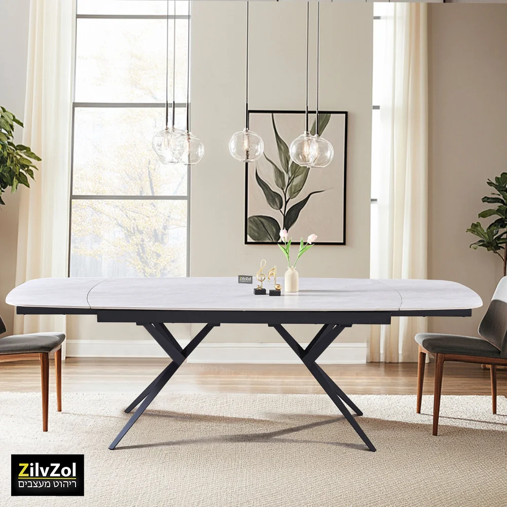 שולחן פינת אוכל קרמיקה דגם פריזמה סהרה במצב פתוח